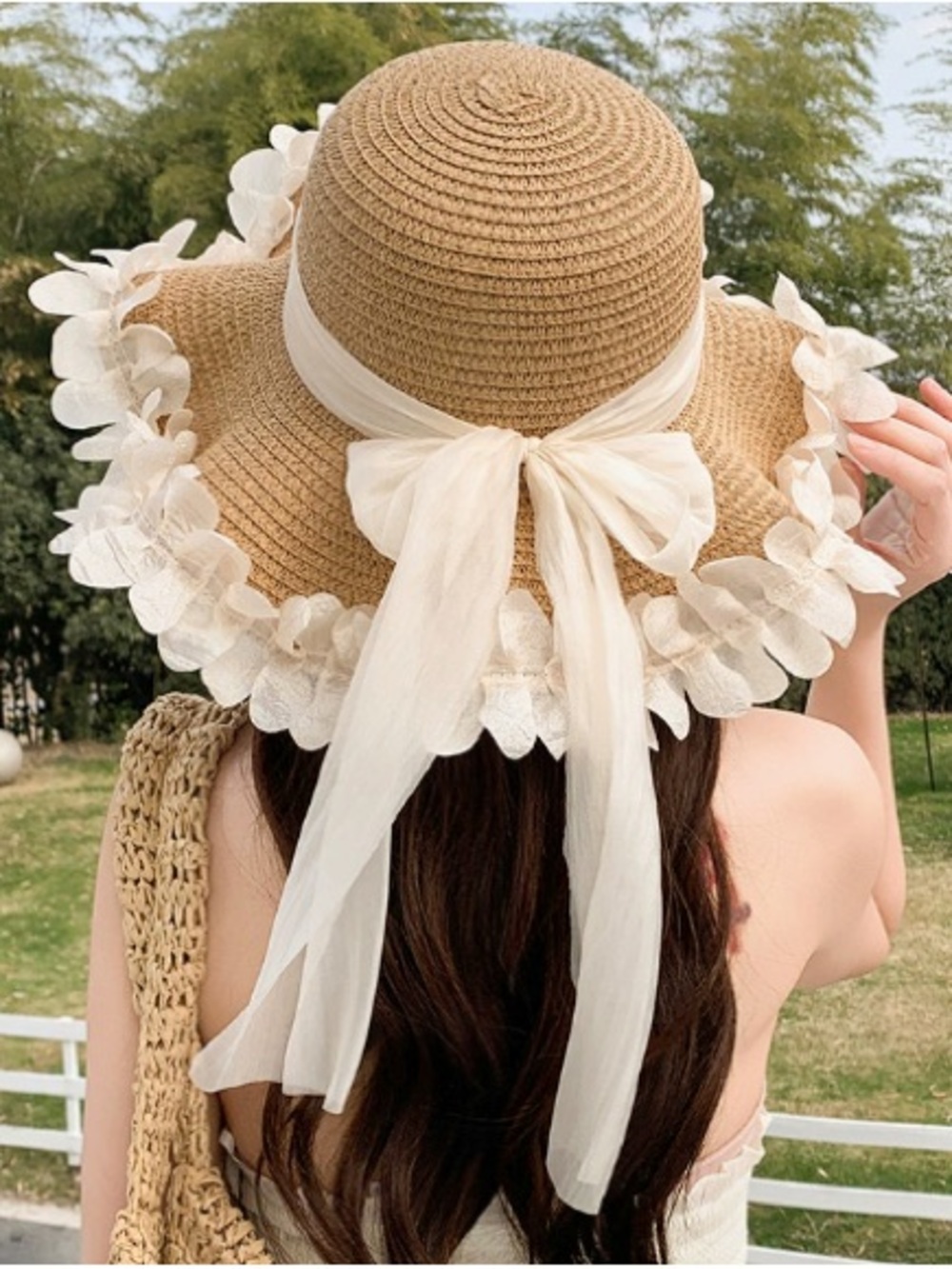 Straw Sun Hat with Cream Bow and Floral Trim - Women Accessories